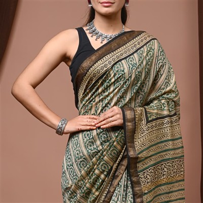 Emerald Floral Block Print Maheshwari Silk Saree