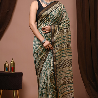 Emerald Floral Block Print Maheshwari Silk Saree