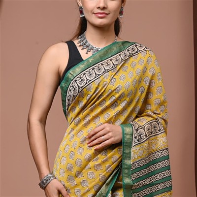 Mustard Floral Block Print Maheshwari Silk Saree