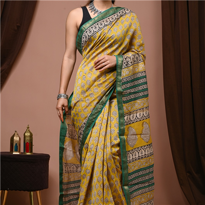 Mustard Floral Block Print Maheshwari Silk Saree