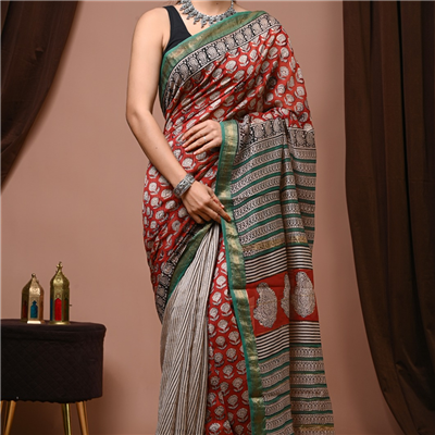 Crimson Floral Fusion Maheshwari Silk Saree