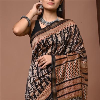 Ravishing Black Floral Hand Block Printed Maheshwari Silk Saree