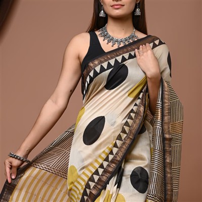 Beige & Mustard Polka Dot Maheshwari Silk Saree