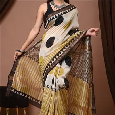 Beige & Mustard Polka Dot Maheshwari Silk Saree