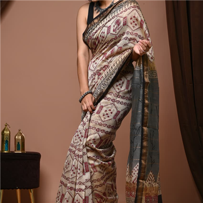 Terracotta Floral Bagru Print Maheshwari Silk Saree