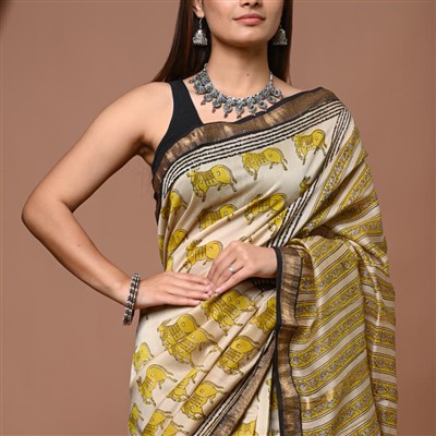 Beige Elephant Motif Maheshwari Silk Saree