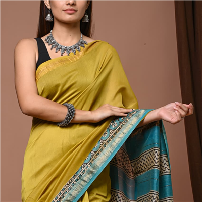 Mustard Teal Geometric Bagru Print Saree