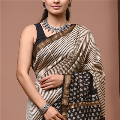 Cream Black Striped Maheshwari Silk Saree