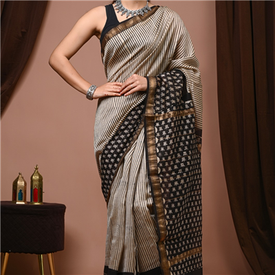 Cream Black Striped Maheshwari Silk Saree