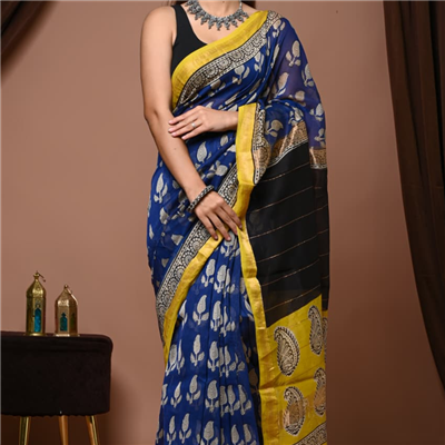Navy Mustard Floral Maheshwari Silk Saree