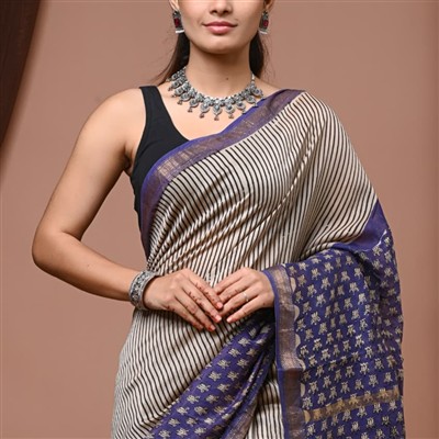 Ivory Navy Floral Maheshwari Silk Saree