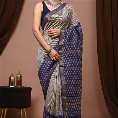 Ivory Navy Floral Maheshwari Silk Saree