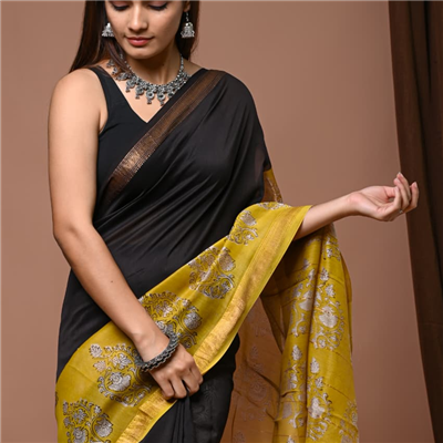 Jet Black Floral Border Maheshwari Silk Saree