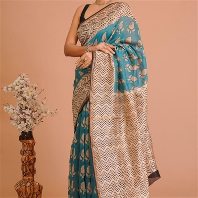 Turquoise Leaf Motif Chanderi Saree