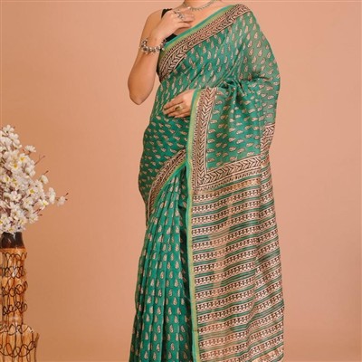 Teal Paisley Striped Chanderi Saree