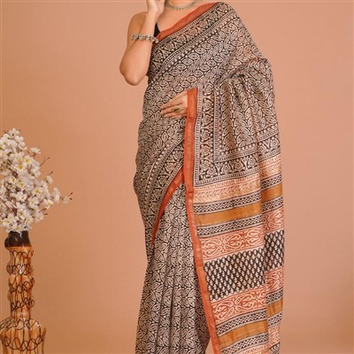 Black Floral Geometric Chanderi Saree