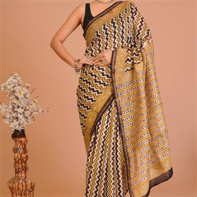 Mustard Zigzag Geometric Chanderi Saree