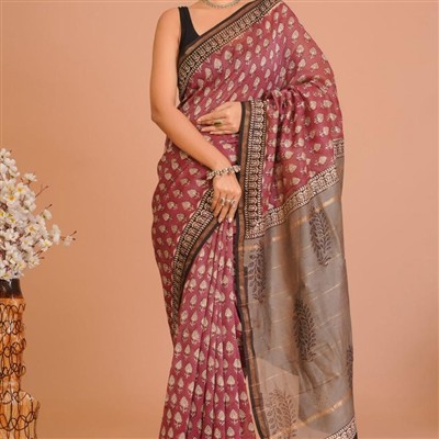 Burgundy Paisley Elegance Chanderi Saree