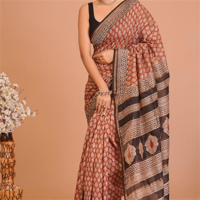 Terracotta Diamond Floral Chanderi Saree