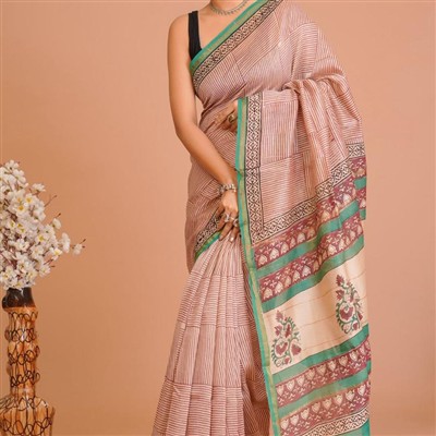 Blush Pink Floral Stripe Chanderi Saree