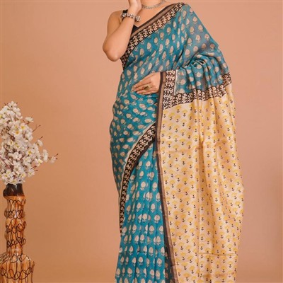 Teal Floral Harmony Chanderi Saree