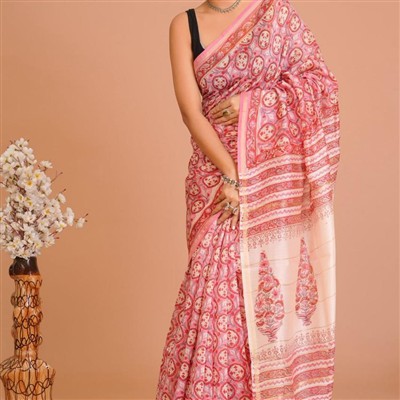 Pastel Pink Floral Elegance Chanderi Saree
