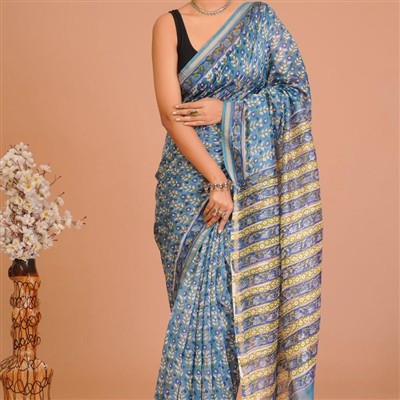 Turquoise Floral Delight Chanderi Saree