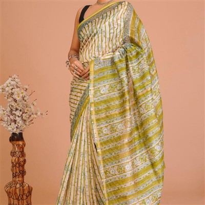 Olive Bloom Hand Block Printed Chanderi Saree