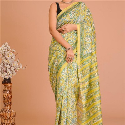 Lime Green Floral Paisley Chanderi Saree