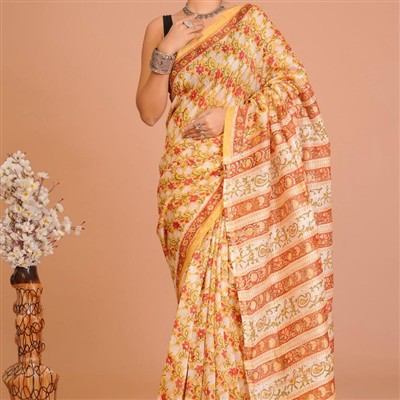 Butter Yellow Floral Elegance Chanderi Saree