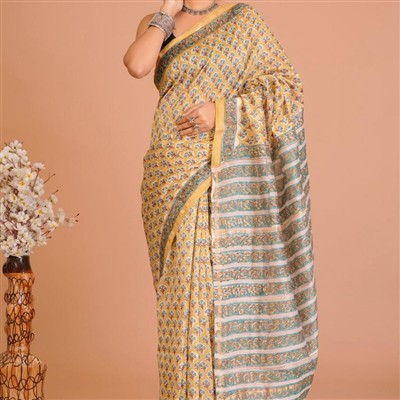 Golden Yellow Floral Delight Chanderi Saree