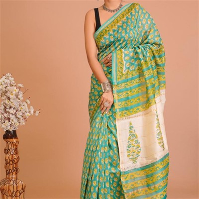 Turquoise Floral Elegance Chanderi Saree