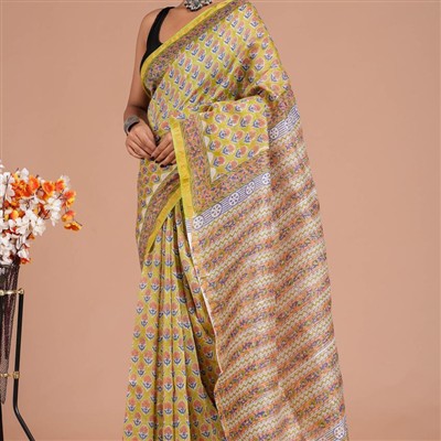 Lime Green Floral Symphony Chanderi Saree