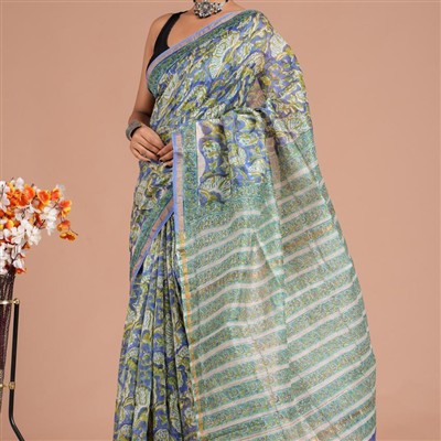 Emerald Paisley Hand Block Printed Chanderi Saree