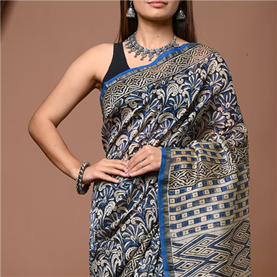 Navy Blue Floral Geometric Chanderi Saree