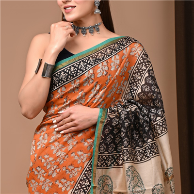 Burnt Orange Floral Chanderi Saree
