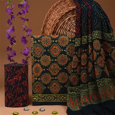 Navy Floral Symphony Cotton Suit with Chiffon Dupatta