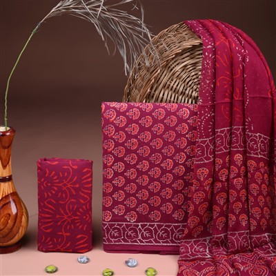 Burgundy Coral Blossom Cotton Suit with Chiffon Dupatta