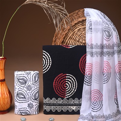 Crimson Spiral Cotton Suit with Chiffon Dupatta