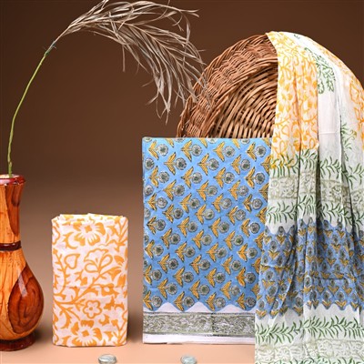 Sky Blue Floral Cascade Cotton Suit with Chiffon Dupatta