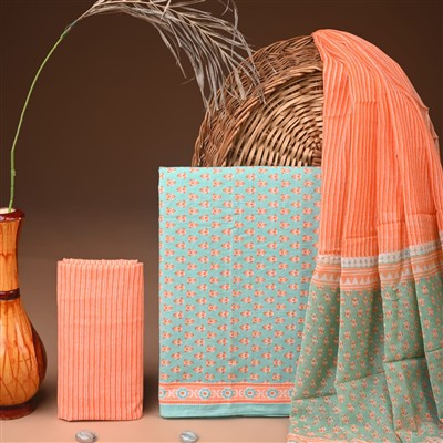 Peach Striped Floral Artistry Cotton Suit Set