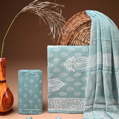 Aqua Blossom Hand Block Cotton Suit Set