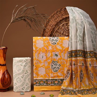Golden Bloom Floral Cotton Suit with Chiffon Dupatta