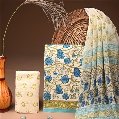 Cerulean Blossom Floral Cotton Dress Set