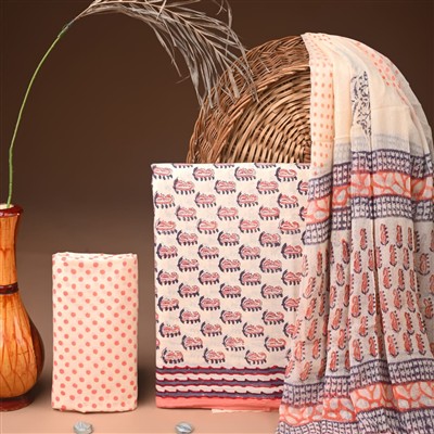 Coral Crab Festive Cotton Suit with Chiffon Dupatta