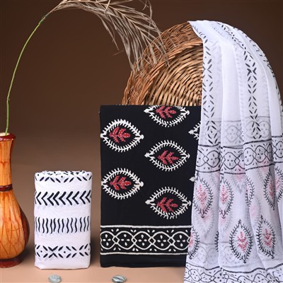 Crimson Floral Elegance Cotton Ensemble