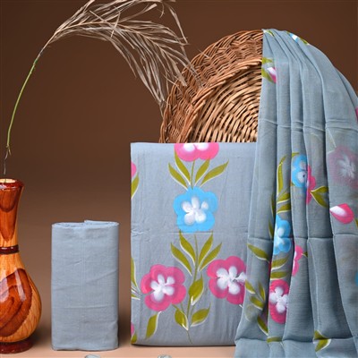 Grey Floral Delight Chiffon Dupatta Suit Set