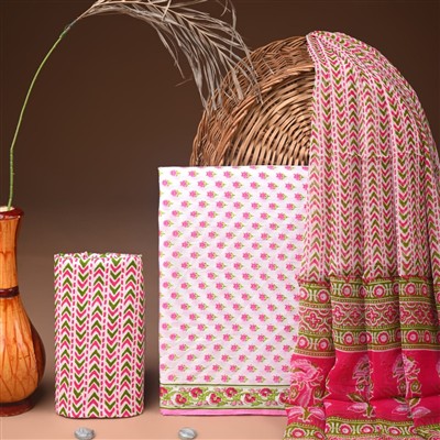 Rose Pink Floral Harmony Cotton Suit with Chiffon Dupatta