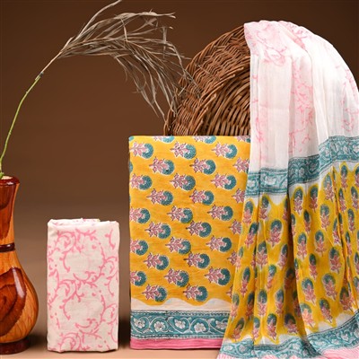 Golden Blossom Peacock Print Cotton Suit Set