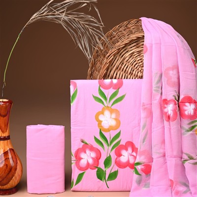 Blush Floral Delight Cotton Suit with Chiffon Dupatta